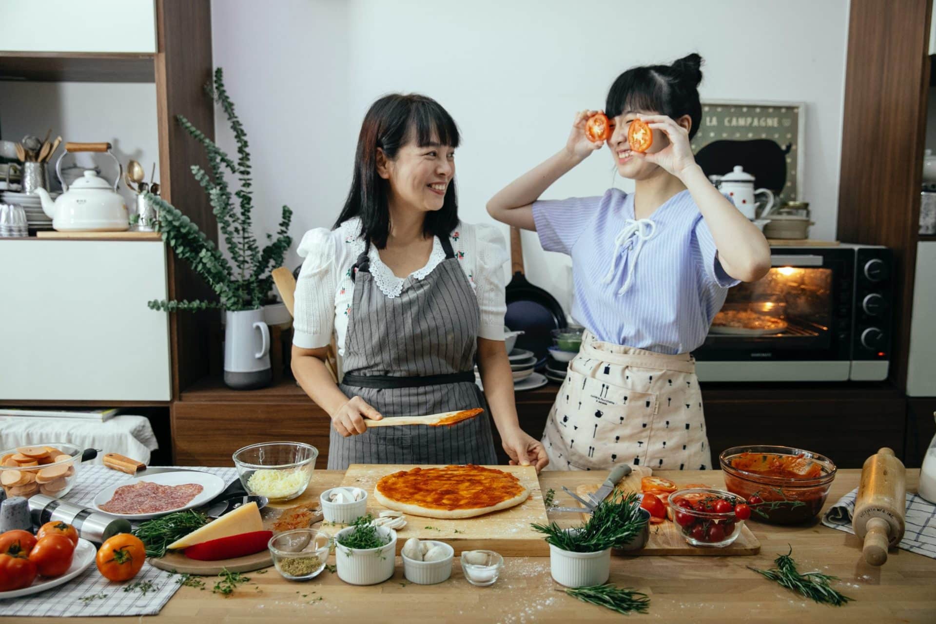 Preparing pizza toppings